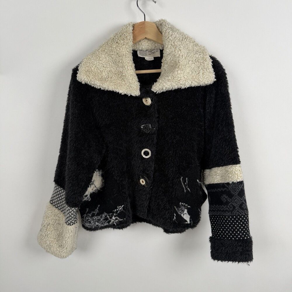 Haggerty Artwear Cropped Jacket Small Black Wool Blend Sherpa Collar Boho Coat